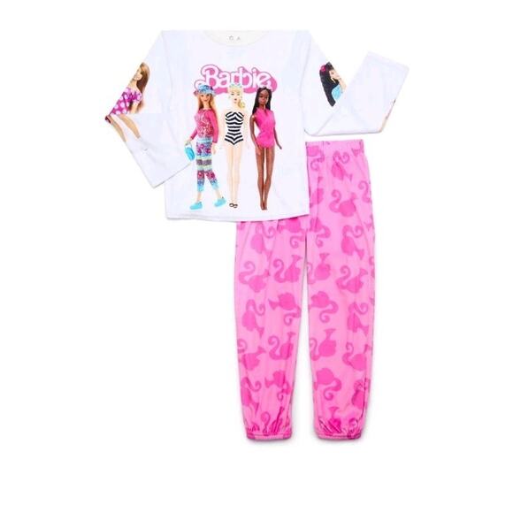 Super Soft Girls White & Pink Barbie Doll 2 Piece Sleep Set Pajamas XS 4/5 - Picture 1 of 7